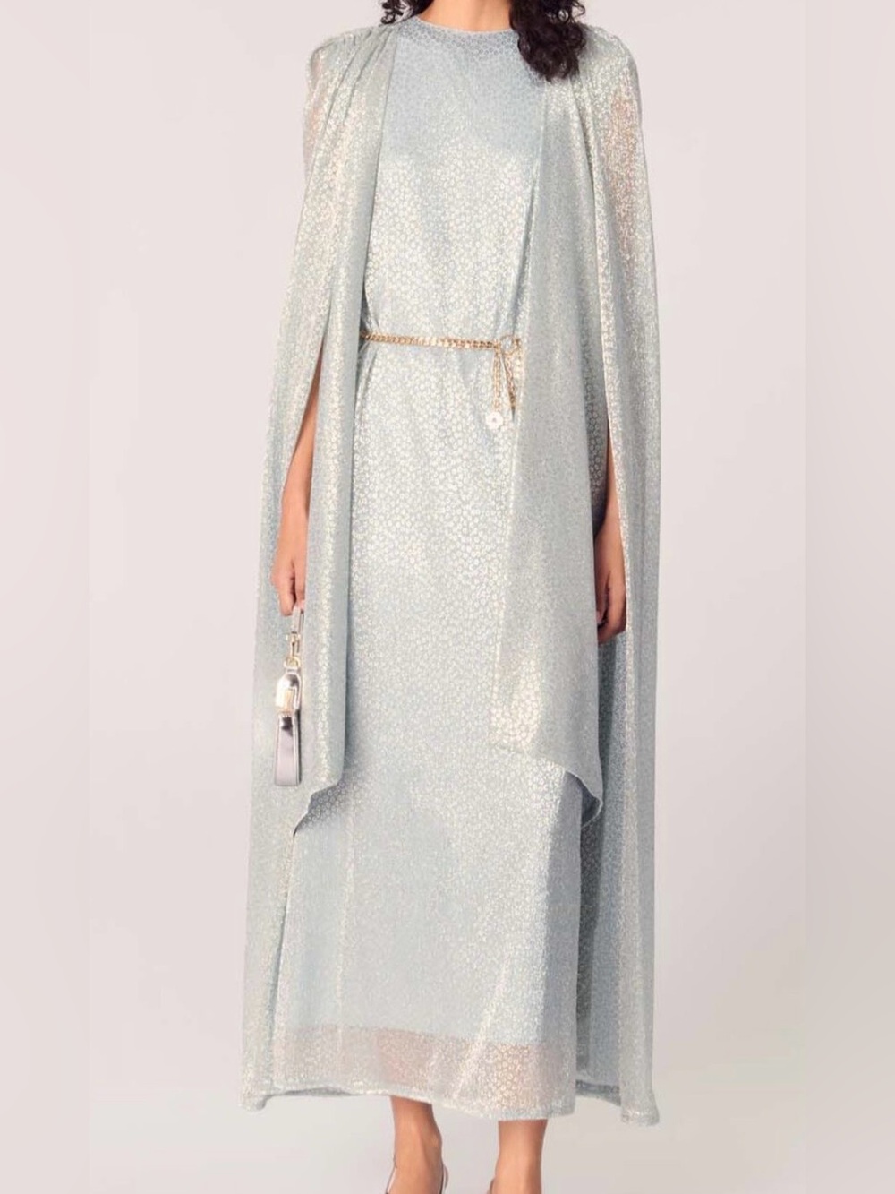 MAJE Shimmery Light Blue Cape Gown. Current style $790 Size 42. NO BELT.